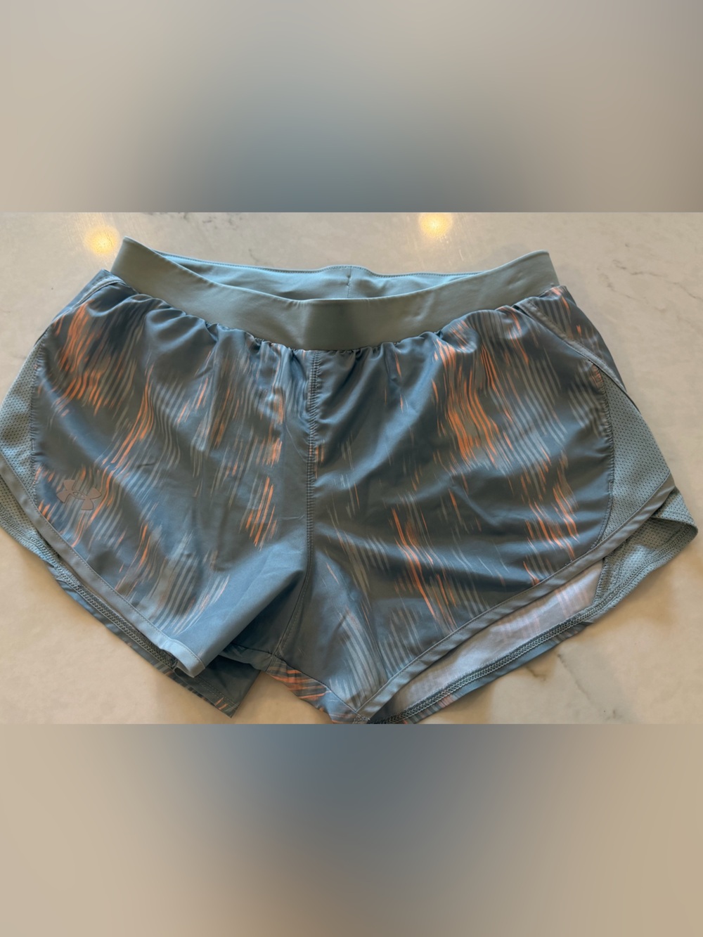 Under Armour Blue green woman’s Athletic Shorts with Peach Stripe Accents M